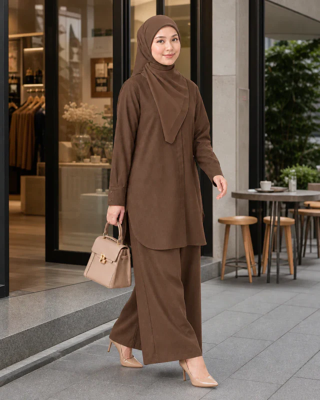 Model memakai Set Elora Muslimah warna Brown ketika urusan bandar.