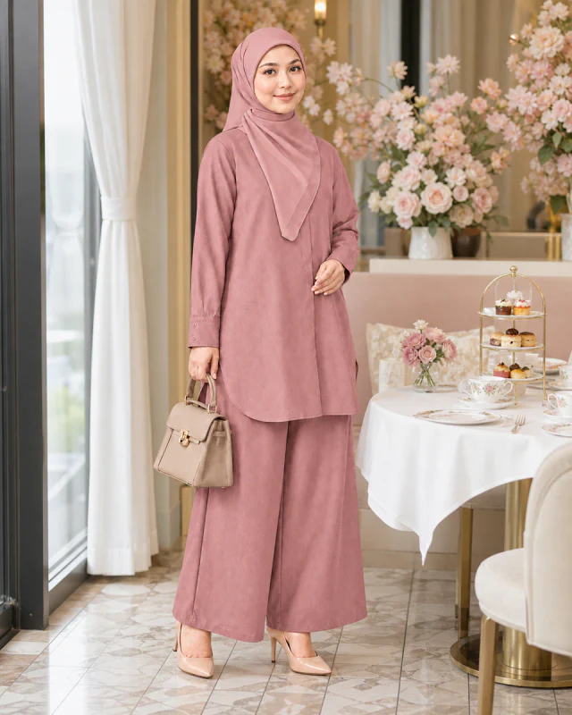 Model memakai Set Elora Muslimah warna Dusty Pink ketika afternoon tea.