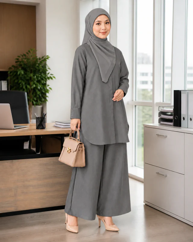 Model memakai Set Elora Muslimah warna Grey di mesyuarat pejabat.
