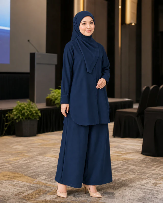 Model memakai Set Elora Muslimah warna Navy Blue ketika seminar.